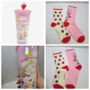STRAWBERRY SHORTCAKE Acrylic Pink Tumbler  w/Straw 20‎ oz New & 2 Pairs Of SOCKS